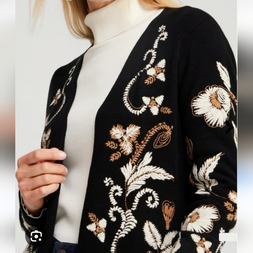 #190. Chicos Global Fusion Cardigan Sweater, Black Floral - Picture 2 of 7